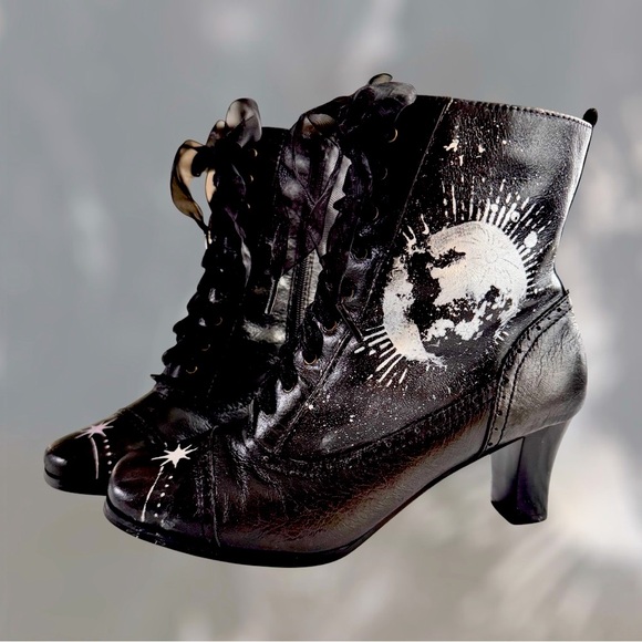 Hand Crafted Shoes - 🔥SOLD🔥Hand Crafted Black Lace-Up Boots with Celestial Design and ribbon laces